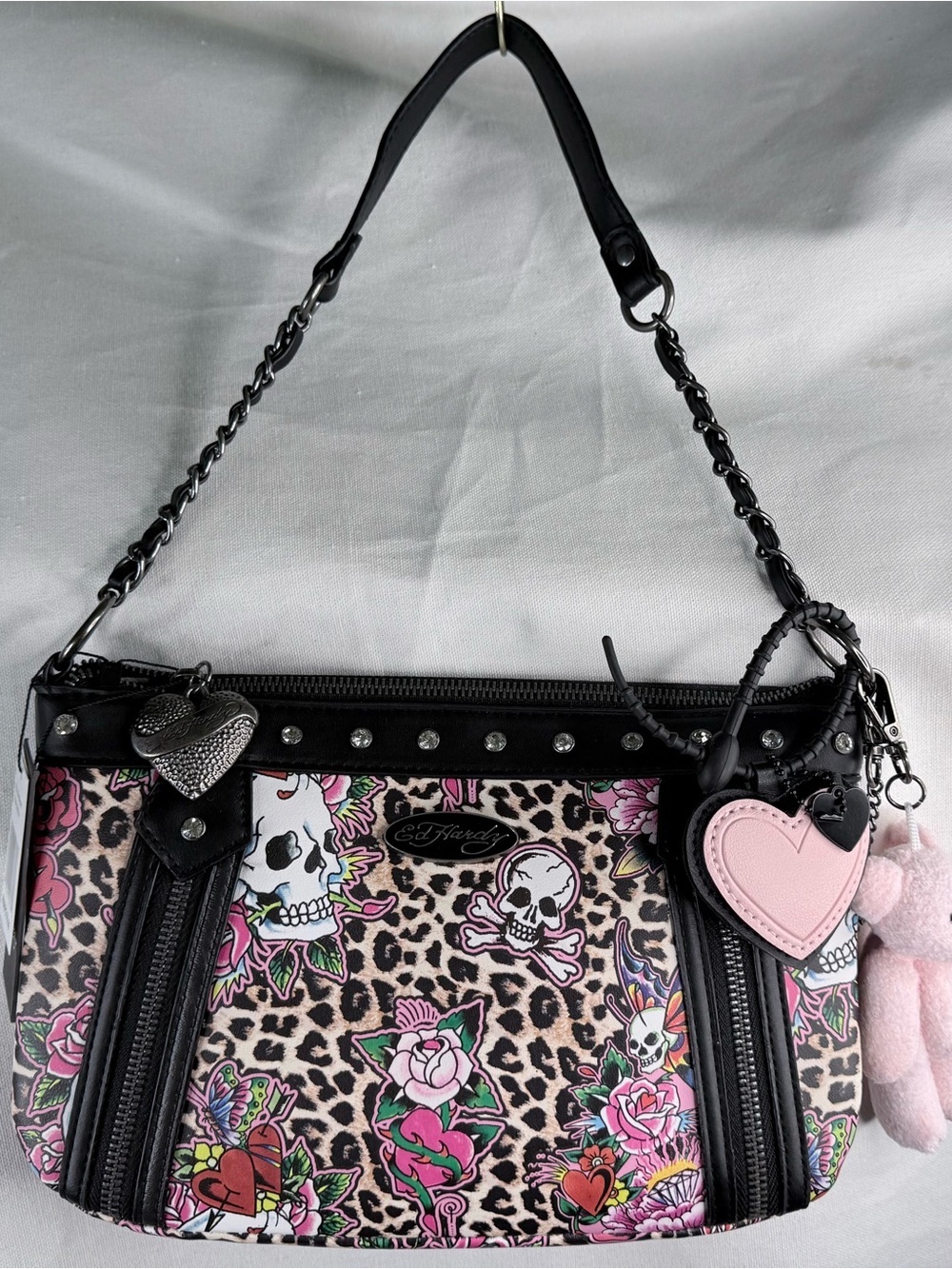 Ed Hardy Women’s Cheetah Skull Print Shoulder Bag in Pink and Black
